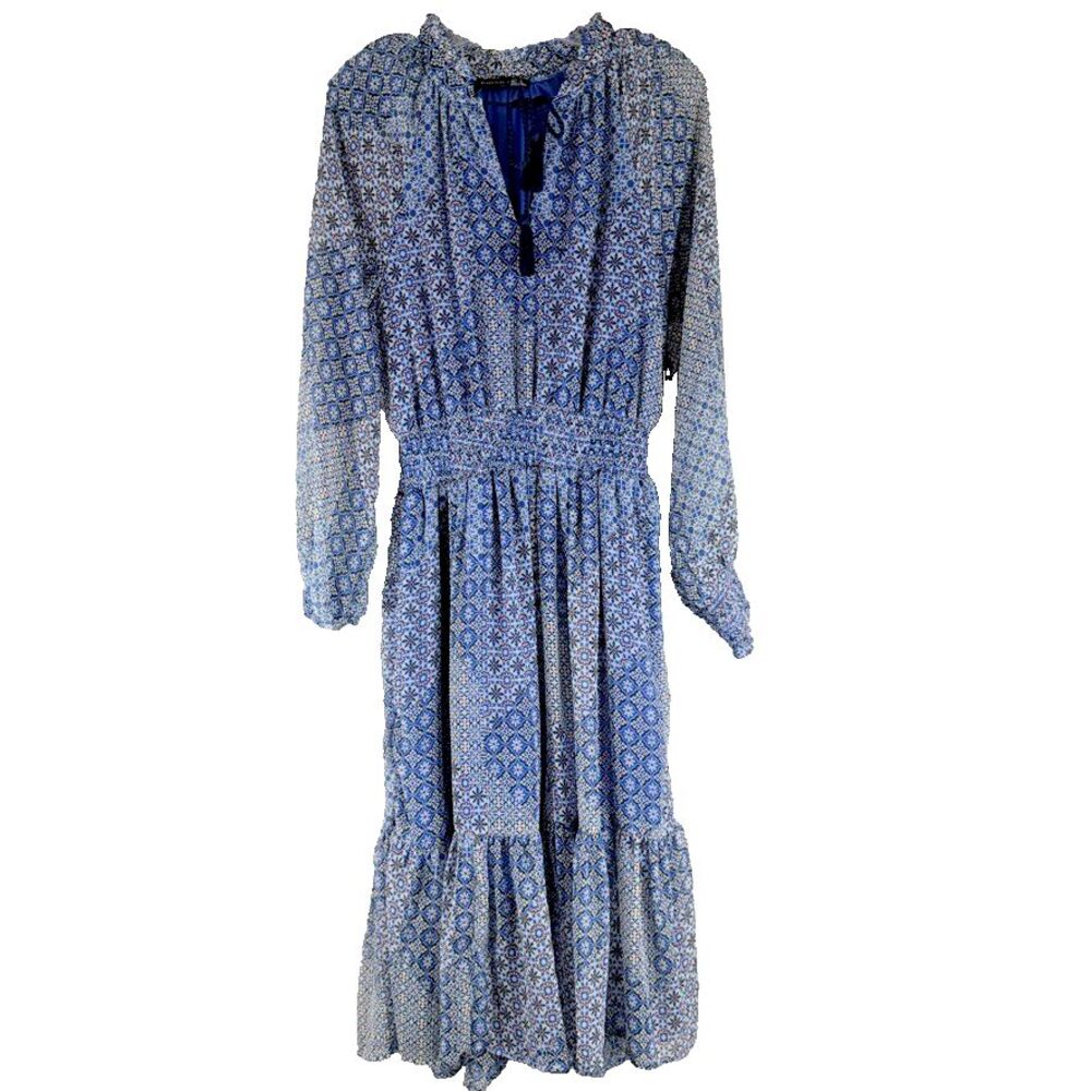 BlackTape Paisley Peasant Maxi Dress Women M Blue Long Sleeve Boho Cottage Flowy